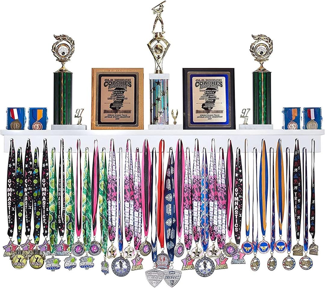4ft- Medal Awards Rack Premier Medal Hanger Display Rack and Trophy Shelf for Gymnastics, Soccer, Basketball, Football, and More. The Largest Medal and Award Display- 48 (White)