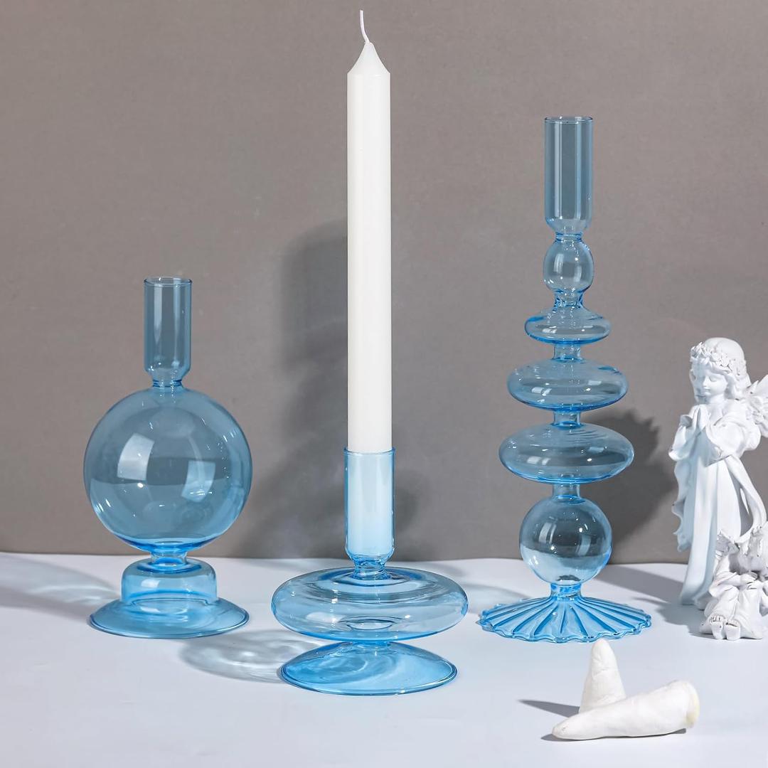 Rtteri 5 Pcs Glass Candlestick Holders Glass Candle Holders Groovy Wavy Elegant Taper Candle Stick for Wedding Home Birthday Party Christmas Halloween Decoration Windowsill Decor(Light Blue)