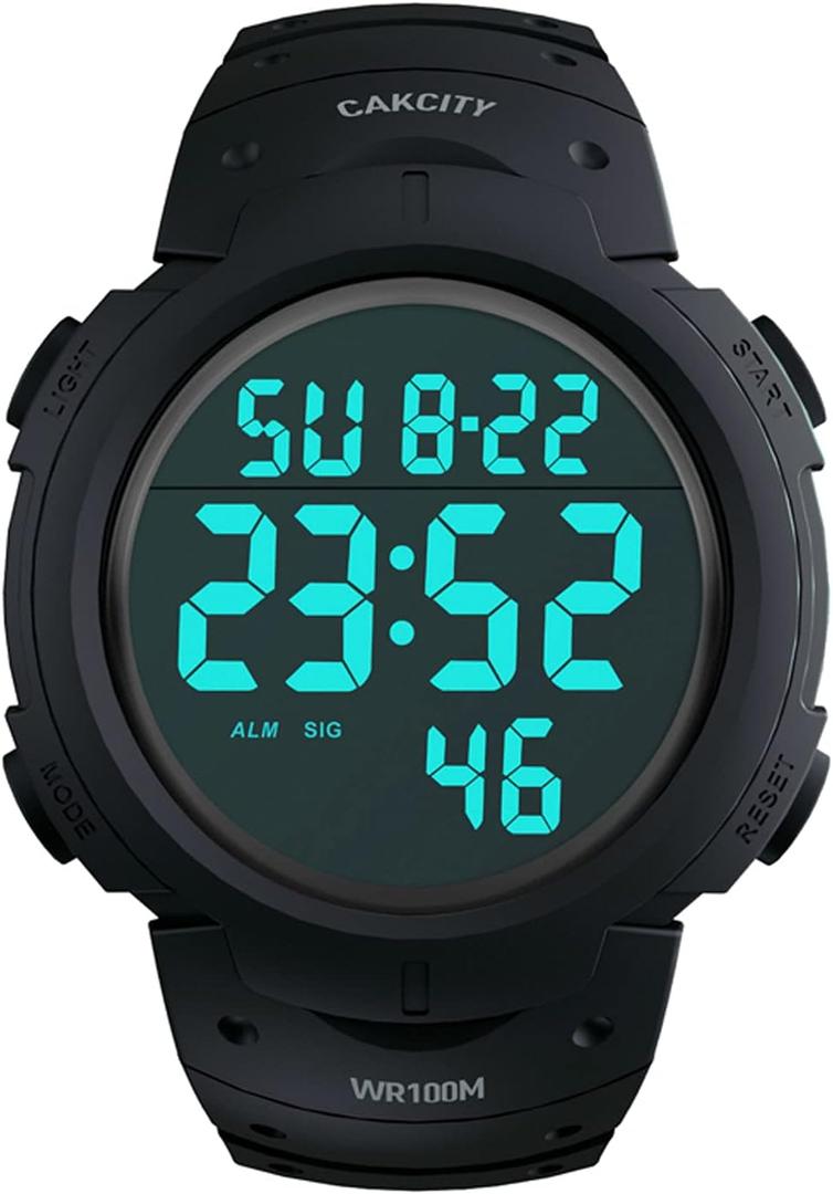 CakCity Digital Sport Watches for Men Waterproof 100M Wrist Watches with Alarm Stopwatch LED Large Display Black - Upgraded Version
