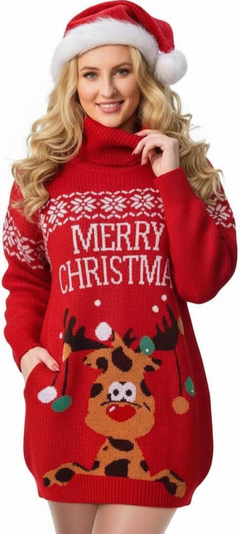 Ugly Christmas Sweater Dress for Women, Santa Hat and Funny Novelty Sweater with Pocket for Xmas Holiday