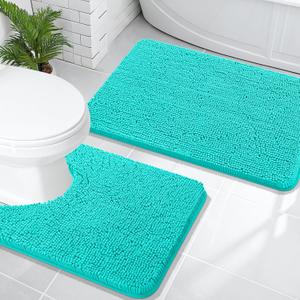 OLANLY Bathroom Rugs Sets 2 Piece, Soft Absorbent Chenille Bath Mats and U-Shaped Contour Toilet Mat Area Rug Set, Machine Washable Bath Carpet, Home Decor Accessories(30"x20"+24"x20", Teal)
