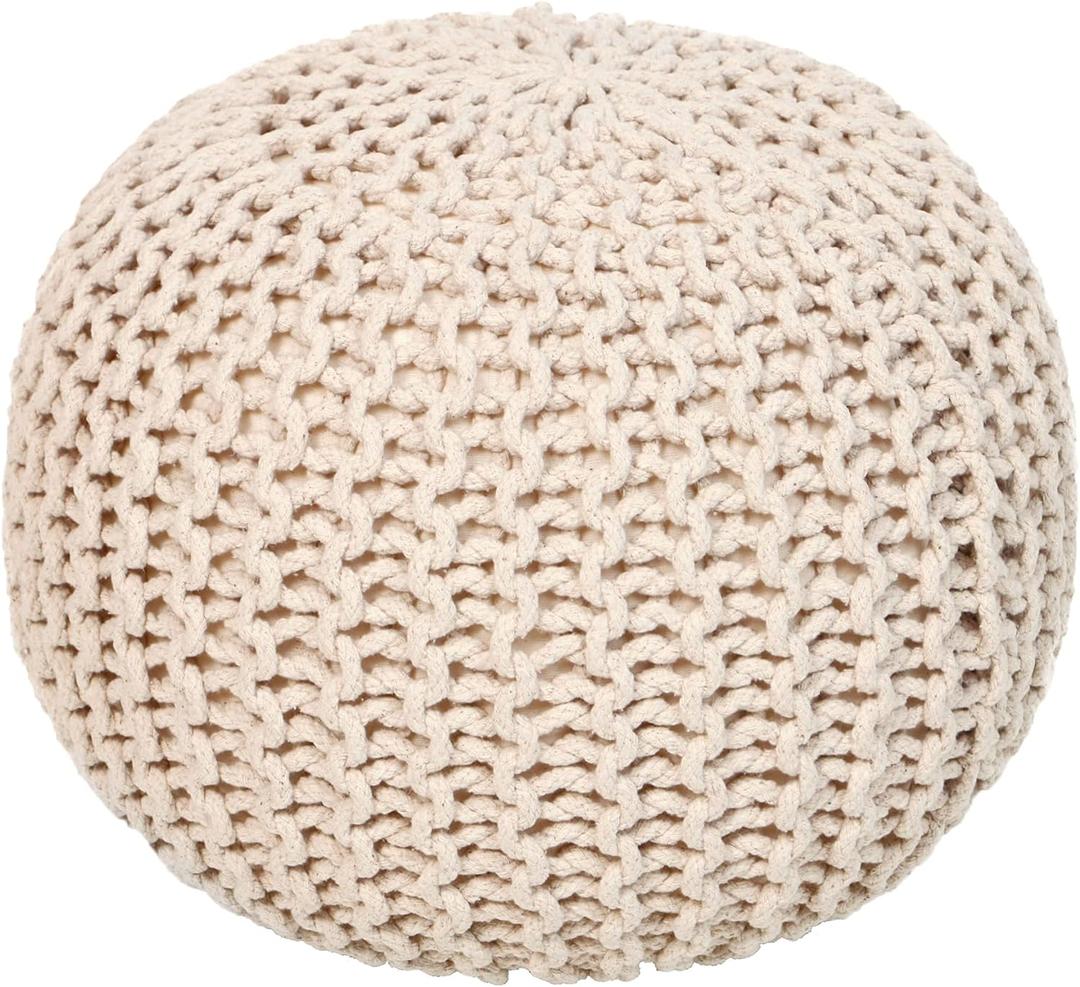 REDEARTH Round Pouf Ottoman - Cable Knitted Boho Poof - Home Dcor Cord Pouffe Handmade Circular Footrest for Living Room - Bedroom - Kids Bedroom - 100% Cotton Pouf (18" x 18" x 14") - Ivory (Natural)