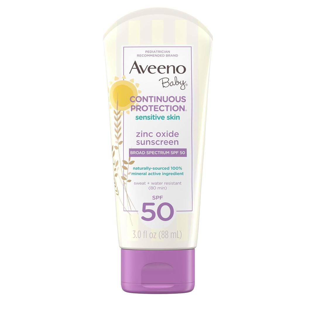 Aveeno Baby Continuous Protection Zinc Oxide Mineral Sunscreen Lotion for Sensitive Skin, Broad Spectrum SPF 50, Tear-Free, Sweat- & Water-Resistant, Paraben-Free, Travel-Size, 3 fl. oz  (EXP:01/2028)