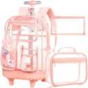Clear Backpack Rolling Backpack for Girls,Transparent Bookbag Heavy Duty PVC See Through School Bags with Wheels for Teens Women Elementary Travel - Pink