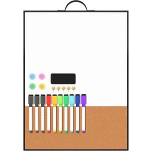 Small White Board 16" x 12" for Wall, Portable Black Aluminum Framed Whiteboard with Cork, Combination Modern Dry Erase Board with Handle for Home, Office, School