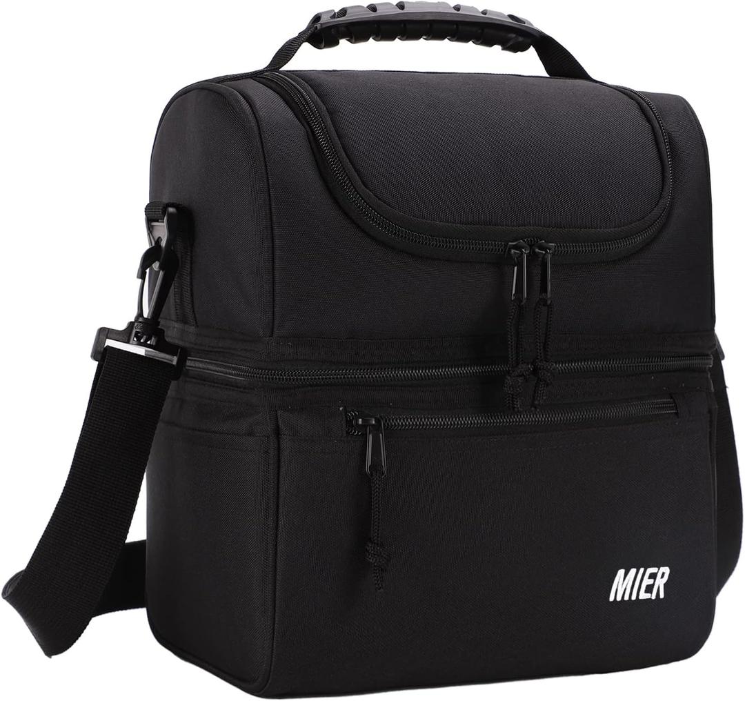 MIER 2 Compartment Lunch Bag for Men Women, Leakproof Insulated Cooler Bag for Work, Black (Medium)