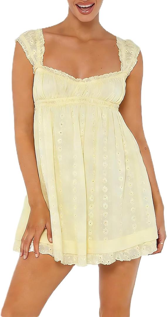 Women's Babydoll Mini Dress Floral Embroidery Summer Sleeveless Loose A Line Flowy Short Sundress for Beach Club Party, Small