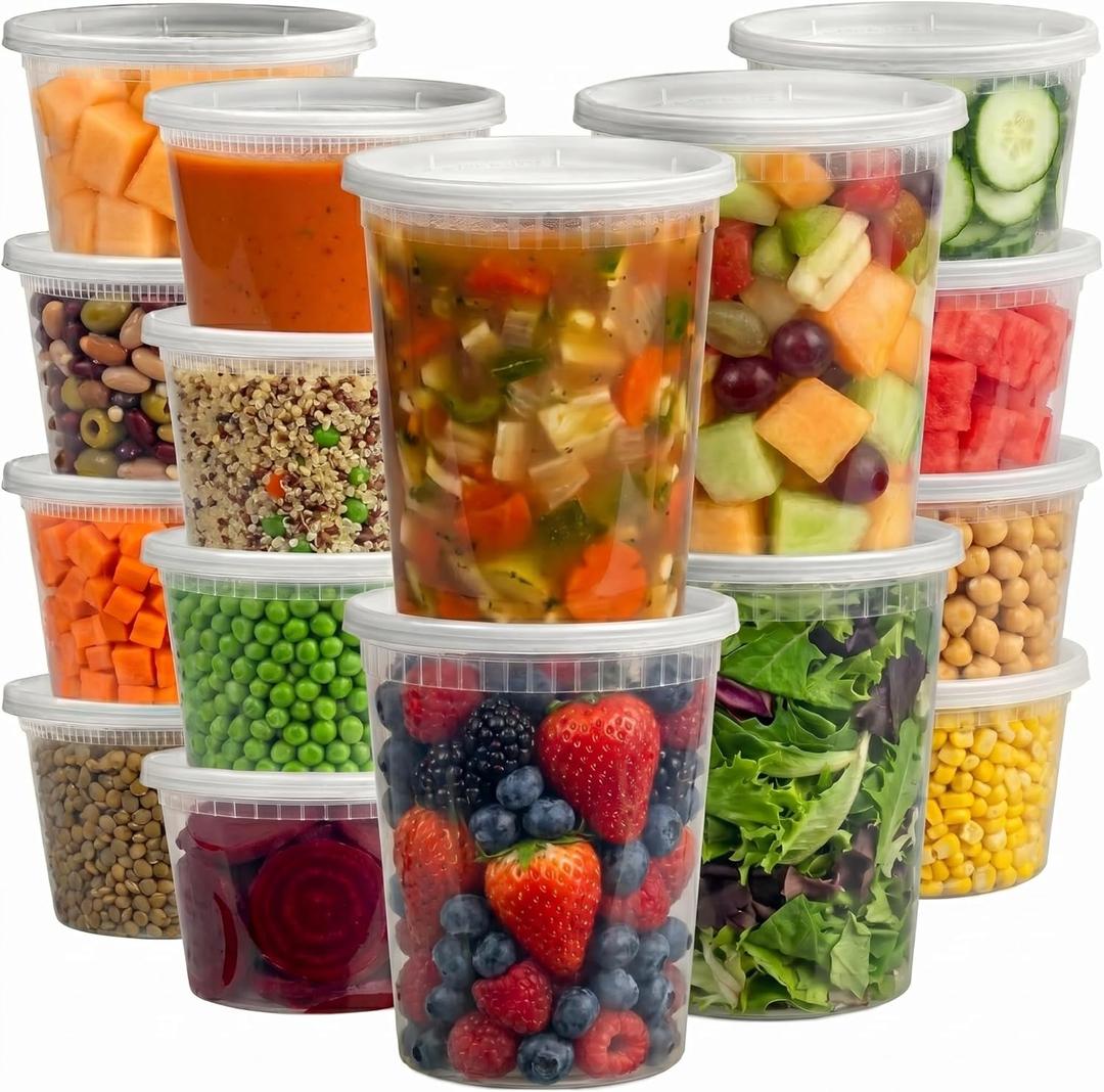JoyServe 16 Sets Deli Containers with Lids  16oz & 32oz  Leak Proof, Microwaveable, Dishwasher & Freezer Safe  Plastic Food Storage & Soup Containers