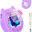 for Tamagotchi Paradise Soft Silicone Case and TPU Clear Screen Protector flim, 360-degree Full Protective with Flower Series Lanyard, Scratch Shock Protection,Purple