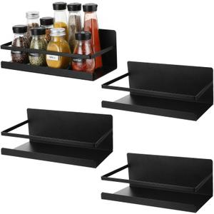 4 Pack Magnetic Spice Rack for Refrigerator, Strong Space Saving Shelf Organizer Single Tier Fridge Spice Storage Black
