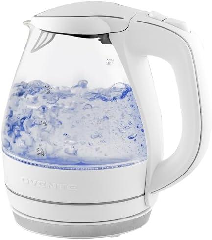 OVENTE Electric Kettle, 1.5L Borosilicate Glass Countertop Water Heater and Boiler for Coffee or Tea, BPA-Free, Auto Shut-Off, Boil-Dry Protection, Removable and Washable Spout Filter, White KG83W