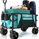 Navatiee Big Wheels Collapsible Wagon Cart Foldable, Heavy Duty Beach Wagon with Silent All-Terrain Wheels, Folding Utility Grocery Cart with Side Pocket and Brakes for Camping Garden Sports, Blue (Light Blue)