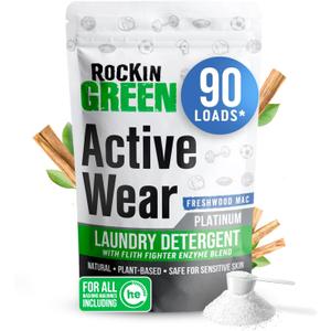 Rockin' Green Laundry Detergent, Plant based, All Natural Laundry Detergent Powder, Vegan and Biodegradable Odor Fighter, Safe for Sensitive Skin (Active Wear 90 Loads - Freshwood Mac)