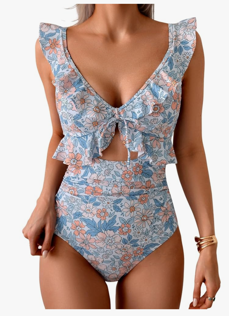 Eomenie One Piece Swimsuit for Women Tummy Control Ruffle Bathing Suit V Neck Ruched Swim Suit Slimming Cutout Swimwear, Size -2XL