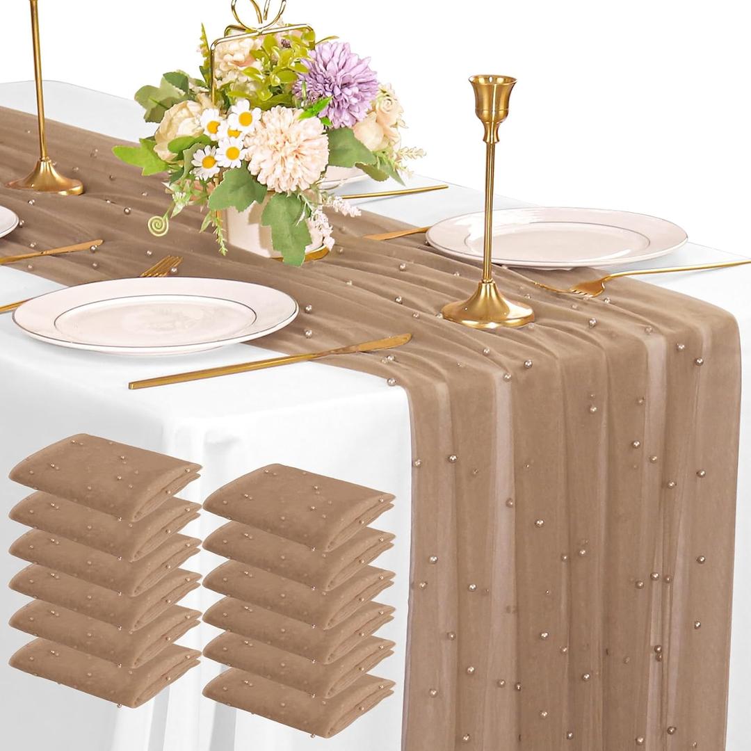 12 Pack 10FT Pearl Table Runner 30x120 Inch Nude Brown Tulle Fabric Boho Rustic Sheer Table Runners Lace Table Cloth for Wedding Bridal Shower Birthday Party Arch Veil Dessert Table Decor (Nude Brown)