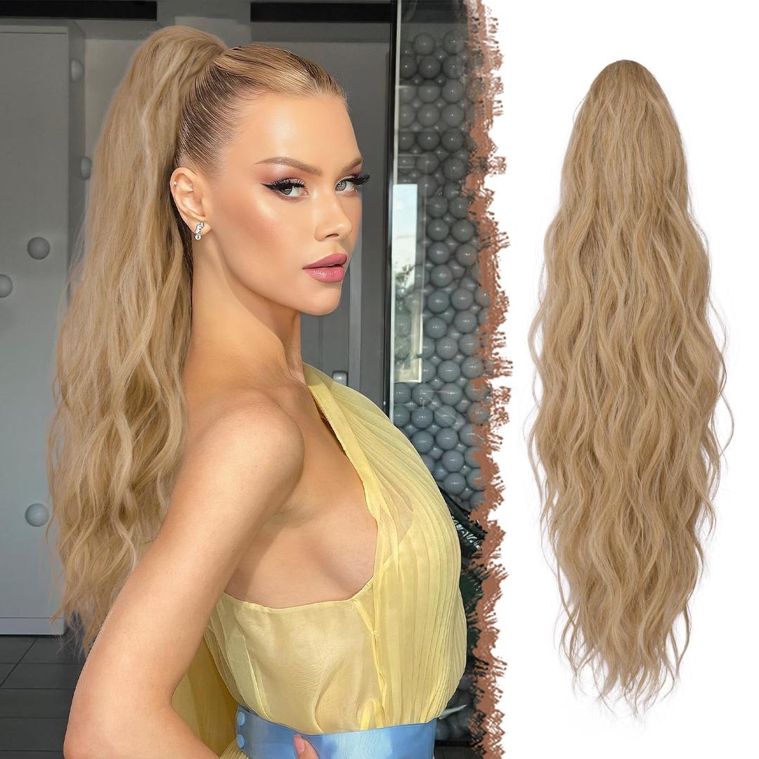 FESHFEN Ponytail Extensions, Long Claw Clip in Ponytail Hairpiece Synthetic Pony Tails Hair Piece Natural Wavy Hairpieces for Women, Mixed Blonde 25 inch