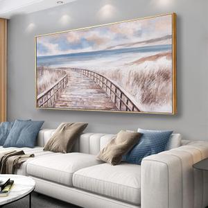 Framed Wall Art Seaside Boardwalk Scenery Ocean Canvas Wall Art Nature Artwork Wall Decor Blue and Beige Abstract Landscape Wall Art for Living Room Bedroom Office Home Decor 29"x58"
