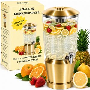 Drink Dispenser with Ice Chambers, Lemonade Tea Water Dispenser with Spigot, Stainless Steel Beverage Jar Jug, Perfect for Home Parties, Weddings, Gifts & Events (Gold, 3, Gallons)