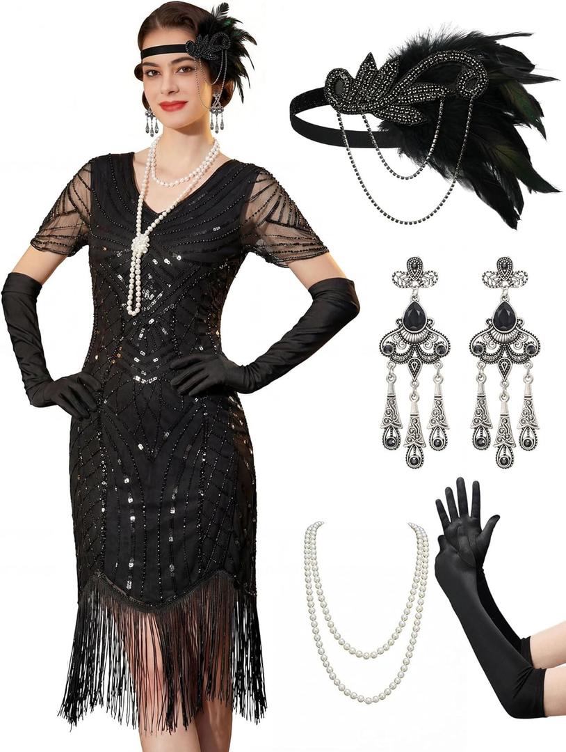 YESSA 1920s Flapper Dresses for Women,Beaded Fringe Great Gatsby Dresses for Women Roaring 20s Costume Harlem Nights Outfits (XX-Large, Black)