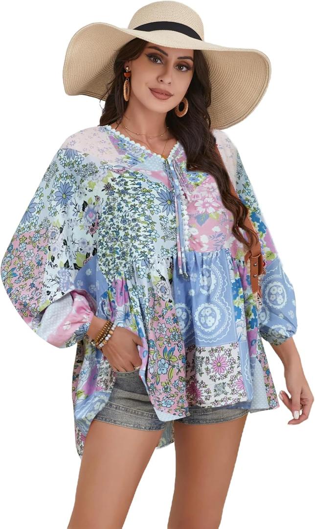 Women Boho V-Neck 3/4 Sleeves Tunic Top Relaxed Fit Casual Print Blouse (Medium, Pink Pattern)