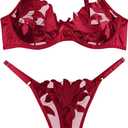 Lilosy Sexy Satin Mesh Floral Sheer Embroidered Underwire Lingerie Set 2 Piece Women (Small)