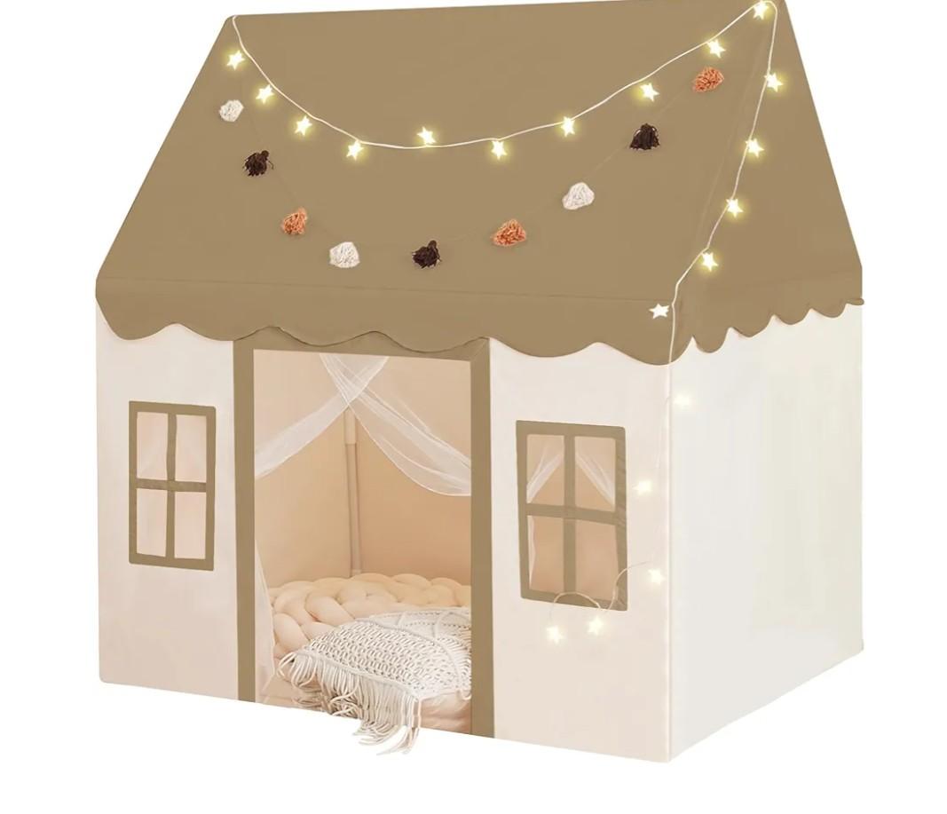 Play Tent with Mat, Star Light Large Kids Playhouse with Windows Easy to Wash, Indoor and Outdoor Play Tents for Kids, Little Dove Toys for Girls, Boys, 47x40x52 (Brown Playhouse, Large Size)
