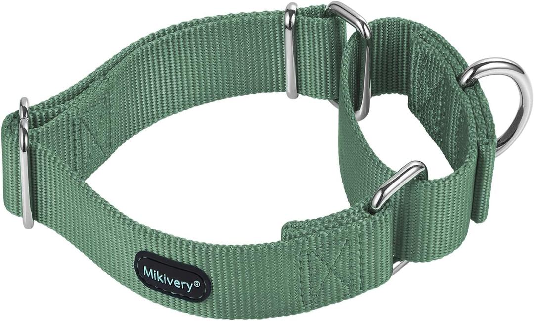 Mikivery Martingale Dog Collar Nylon Adjustable and Safety Training Metal Buckle Dogs Collars for Small Medium and Large Breed(Emerald,M)