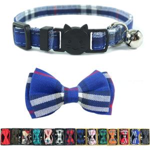Cat Collar Breakaway with Bell and Bow Tie, Plaid Design Adjustable Safety Kitty Kitten Collars(6.8-10.8in) (Blue Plaid 1)
