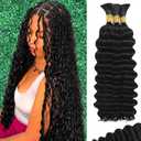 16 Inch Human Boho Braiding Hair, Deep Wave Bulk Hair Extension 100g Knotless No Weft 100% Virgin Hair 3 Bundles/Pack, Natural Black