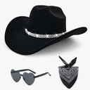 3Pcs Rhinestone Cowboy Hat for Women with Bandana, Heart Sunglasses set, Wide Brim Cowgirl Hat for Western Disco Party. 57 cm