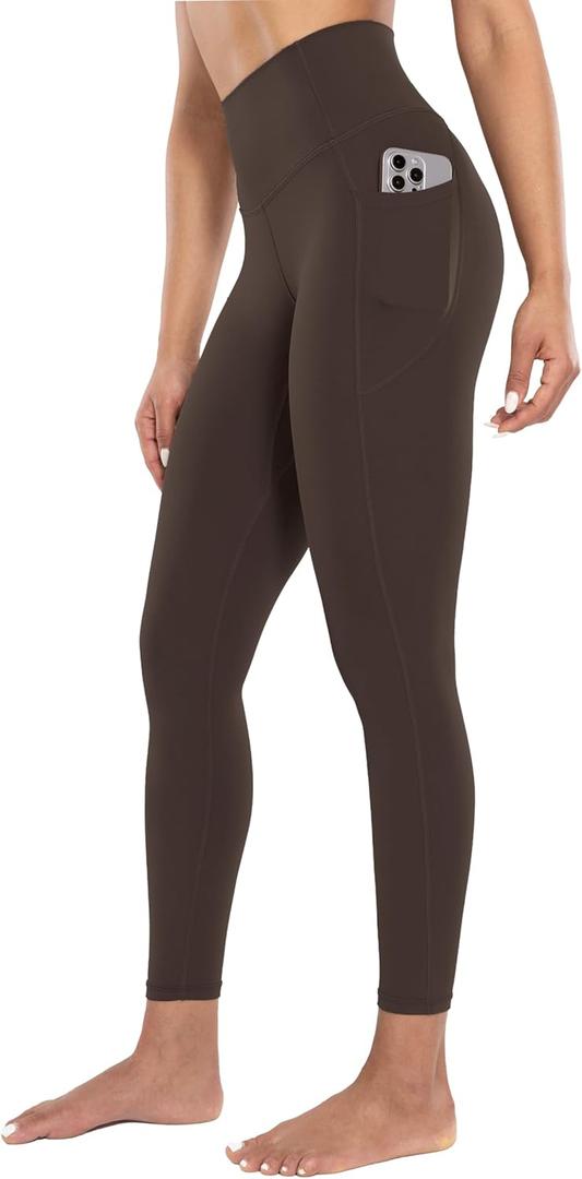 ENERBLOOM Workout Leggings with Pockets for Women High Waist Yoga Pants 25" Cream Soft Lightweight Athletic Gym Tights (X-Small, Brown)