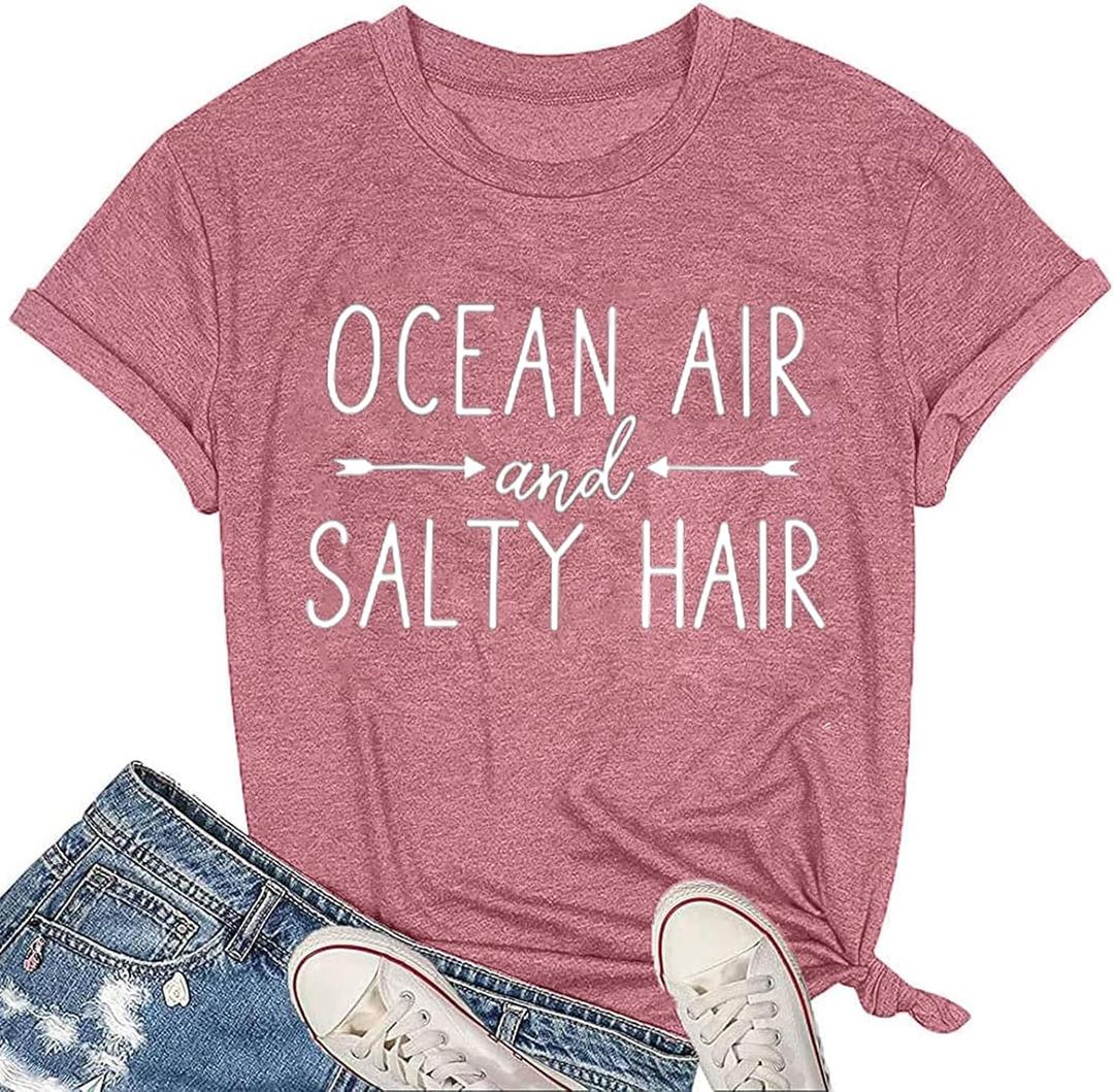 Ocean Air and Salty Hair Womens Graphic T Shirt Causal Short Sleeve Funny Shirt Top Tee Athletic Shirts (Small, Pink)