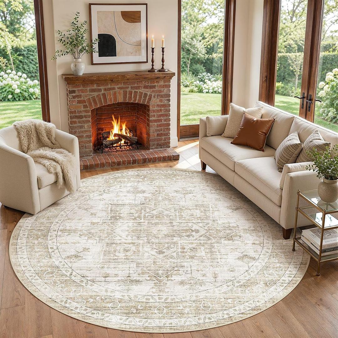 10ft Round Rugs for Living Room: 10x10 Washable Vintage Beige Area Rug, Non Slip Soft Stain Resistant Indoor Floor Carpet for Bedroom Dining Decor Home Office Kid & Pet Friendly