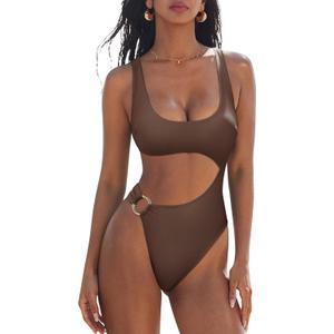 SUUKSESS Women Sexy One Piece Tummy Control Swimsuit Cutout Backless Bathing Suit (Large, Dark Brown)
