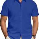 J.VER Men's Short Sleeve Dress Shirts Stretch Stain Shield Casual Button Down Shirts Solid Formal Shirt (Large, Royal Blue)