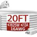 16/3 White Extension Cord 20 FT, Indoor Extension Cord Flexible & Durable, 3 Prong Power Cable, Suitable for Home and Office, 13 Amp 1625 Watt 125VAC 16AWG, ETL Listed