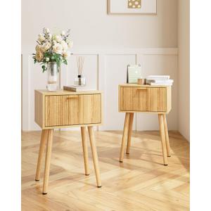 Night Stand Set 2, Oak Nightstand with Fluted Doors, Small Modern Mid-Century Bedside Table for Bedroom, End Table for Living Room