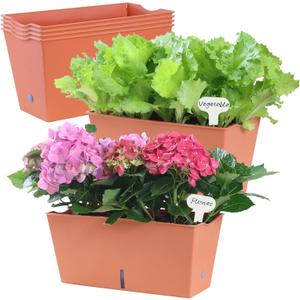 Window Box Planter 5 Pcs, 12.6 Inches Self Watering Rectangle Flower Plant Pots with Drainage Holes & Breathable Trays, Vegetable Planters for Windowsill Patio Garden Balcony Porch Yard (Orange)
