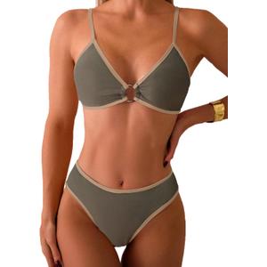 Fanuerg Women's Triangle Bikini Sets Circle Ring Linked Two Piece Swimsuit Color Block Cheeky Bathing Suits (Medium, Army Green)