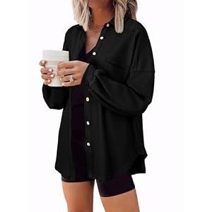 SHEWIN Jackets for Women Trendy 2025 Waffle Knit Shacket Boyfriend Shirts Button Down Shirt Jacket Loose Womens Long Sleeve Tops Fall Clothes Black, Large