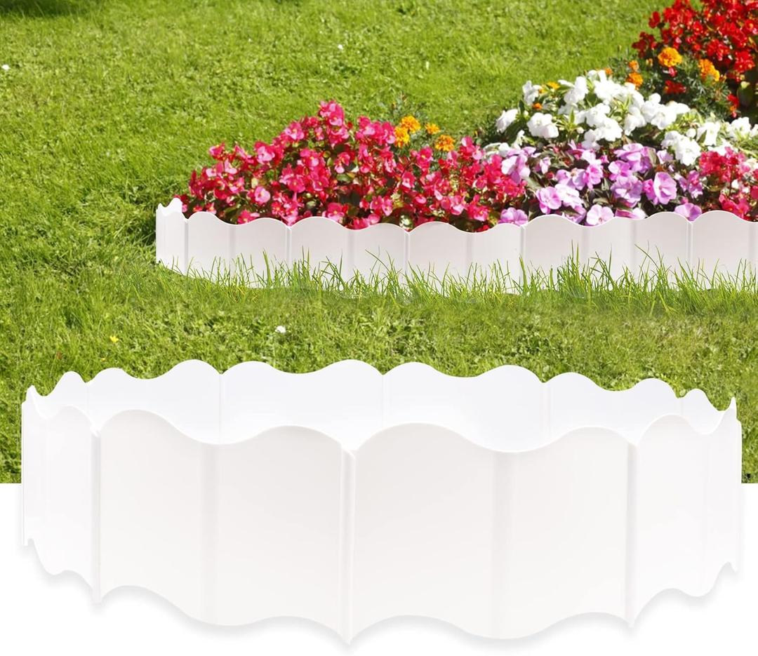 20 Pcs Garden Edging Borders, 10.5ft Plastic Landscape Borders, 5.3 in Tall Interlocking Decorative Gardens Fences Edging, Flexible Lawn Edging Flower Bed Border, for DIY Patio Walkway Yard (White)