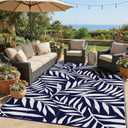 Smiry Outdoor Rug 8x10 ft, Waterproof Reversible Plastic Straw Rugs, Outdoor Area Rug with Leaf Pattern, Outside Floor Mat for Patio, Backyard, Deck, Picnic, Beach, Camping, Navy & White