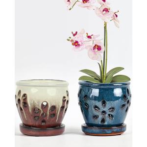 vensovo 4 Inch Ceramic Orchid Pots with Holes and Saucers - 2 Pcs Small Succulent Pot for Repotting, Garden Flowerpots for Plants Indoor and Outdoor Promotes Air Circulation (Blue, Brown Mixed)