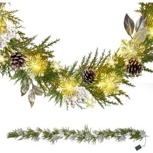 Pre-Lit Christmas Garland Decoration - 6FT Battery Christmas Garland with Lights, Including Pine Branch, Pine Cones, White Berry Cluster, Leaves, Snowflake, Mixed Decors for Mantle Fireplace Stairs