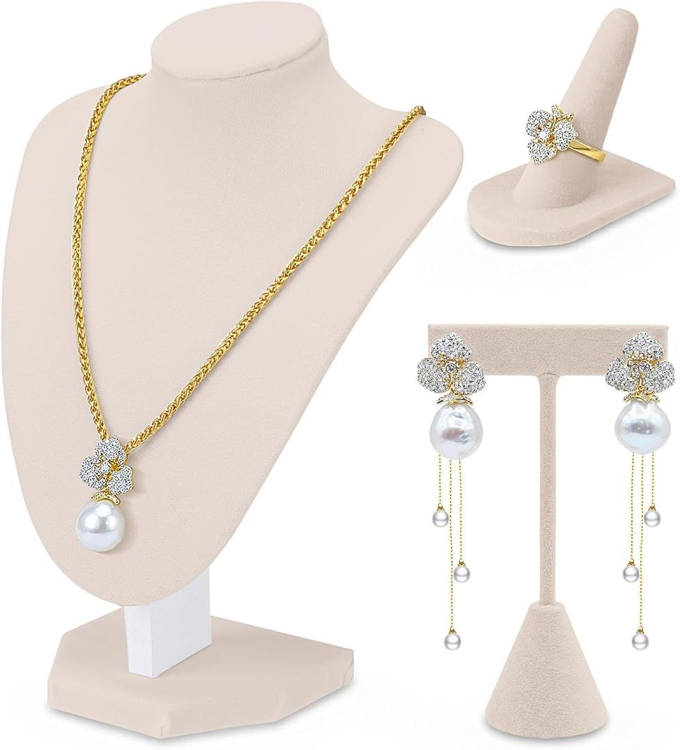 Wenqik 3 Pcs Velvet Jewelry Display Set Velvet Necklace Bust Holder T Shape Earring Stand Ring Finger Jewelry Holder (Linen)