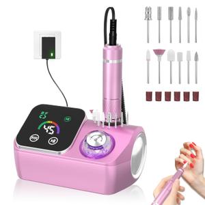 PYVOLA Professional Electric Nail Drill E-File Machine - 45,000 RPM Corded Nail Drills Kit with Low Noise & LED Display for Shaping, Removing & Polishing Acrylic Gel Nails for Salon Home (Pink)