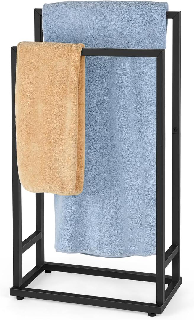Freestanding Towel Racks 2 Tier Small Towel Holder Stand for Bathroom Matte Black Stainless Steel Industrial Towel Drying Rack for Hand Towels Blanket