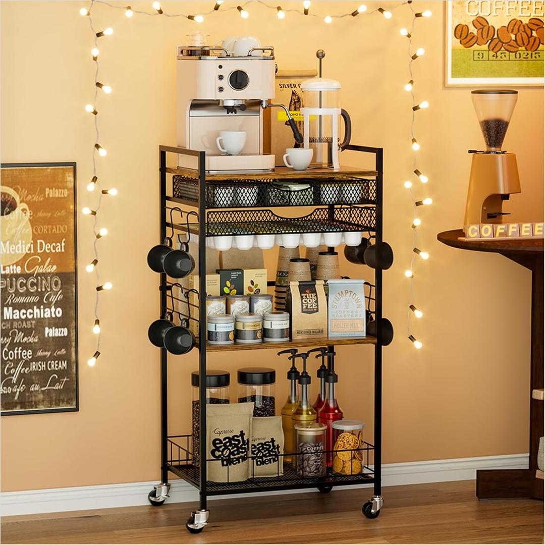 Coffee Bar Station with Storage Drawer - 5 Tier Coffee Table Countertop Organizer for K Cups, Tea Bags, Sugar Storage and Kitchen Cabinets (Brown)