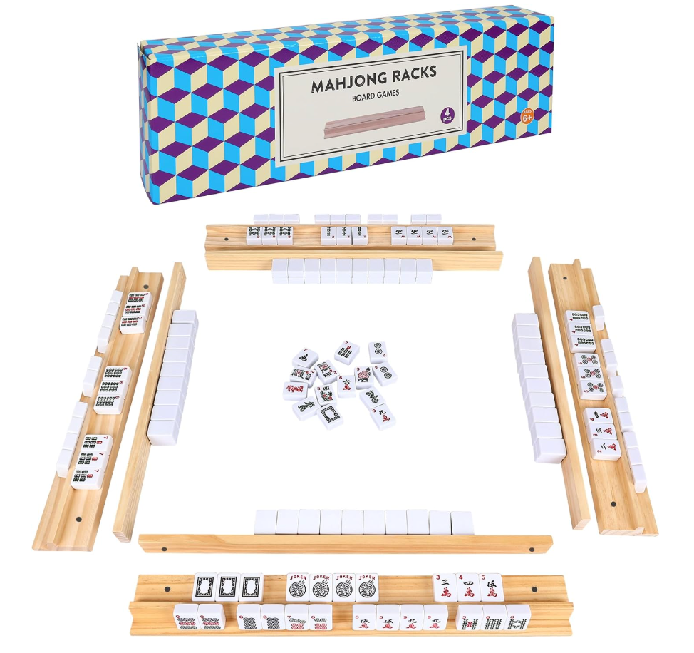 Lqliow Upgraded Version,Mahjong Racks with Pushers,20 Inch,Wooden American Mahjong Tile Pushers and Racks Set of 4, with 4 Mahjong Racks Drawstring Bag, Mahjong Accessories（Blue）