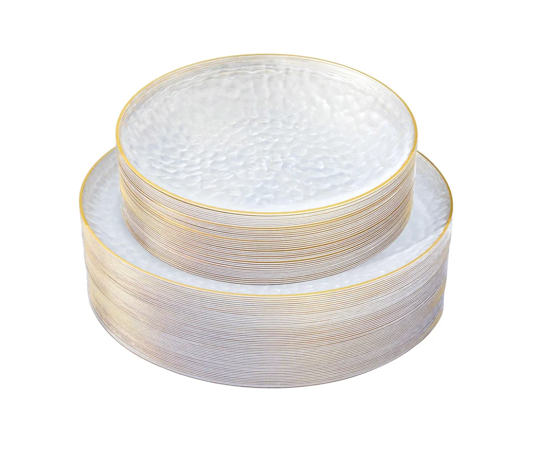Hammered Gold Rim Plates Set, Premiun Heavy-Duty Clear Disposable Party Plates, 15 PCS 7" Dessert Plate and 10 PCS 10" Dinner Plates for Party, Wedding